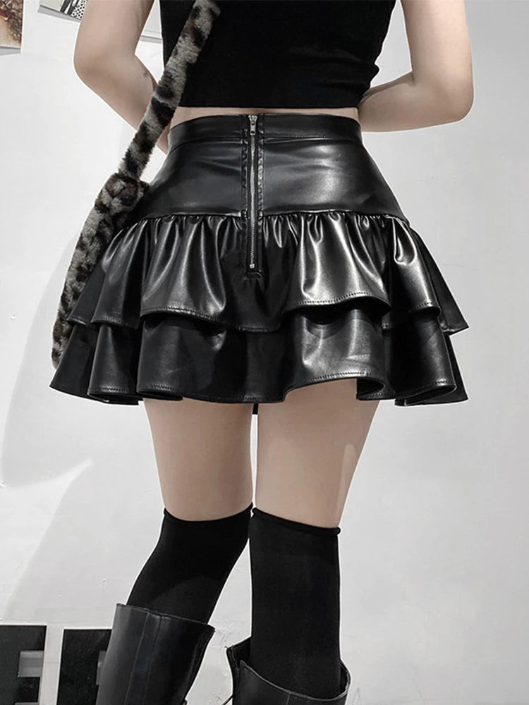 High Waist Black PU Ruffled Skirt - Your Shiny Clothes