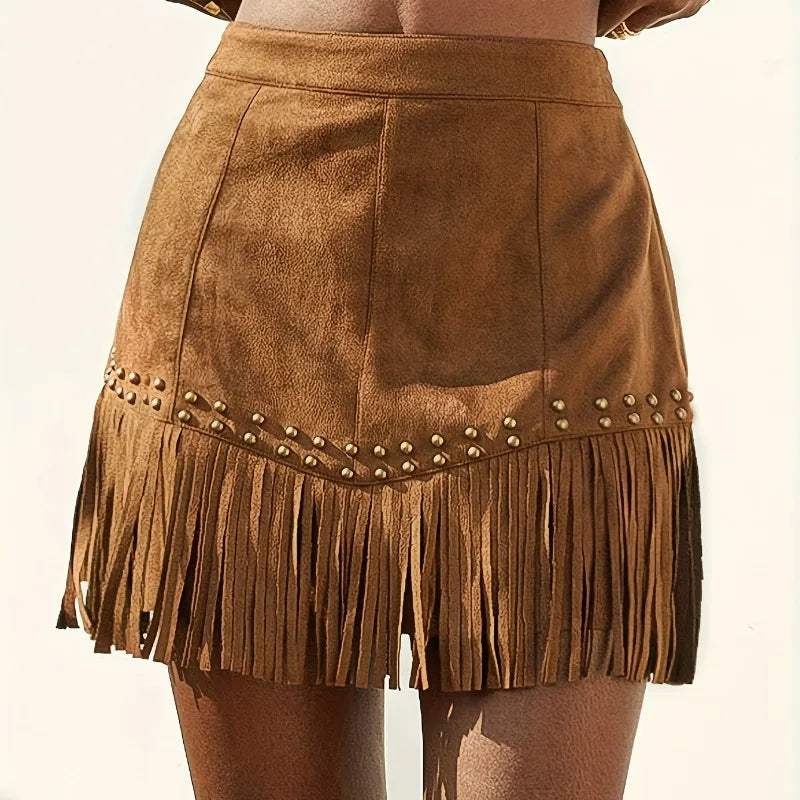 Faux Suede Fringed Rivet Design Short Skirt