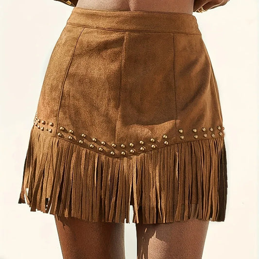 Faux Suede Fringed Rivet Design Short Skirt