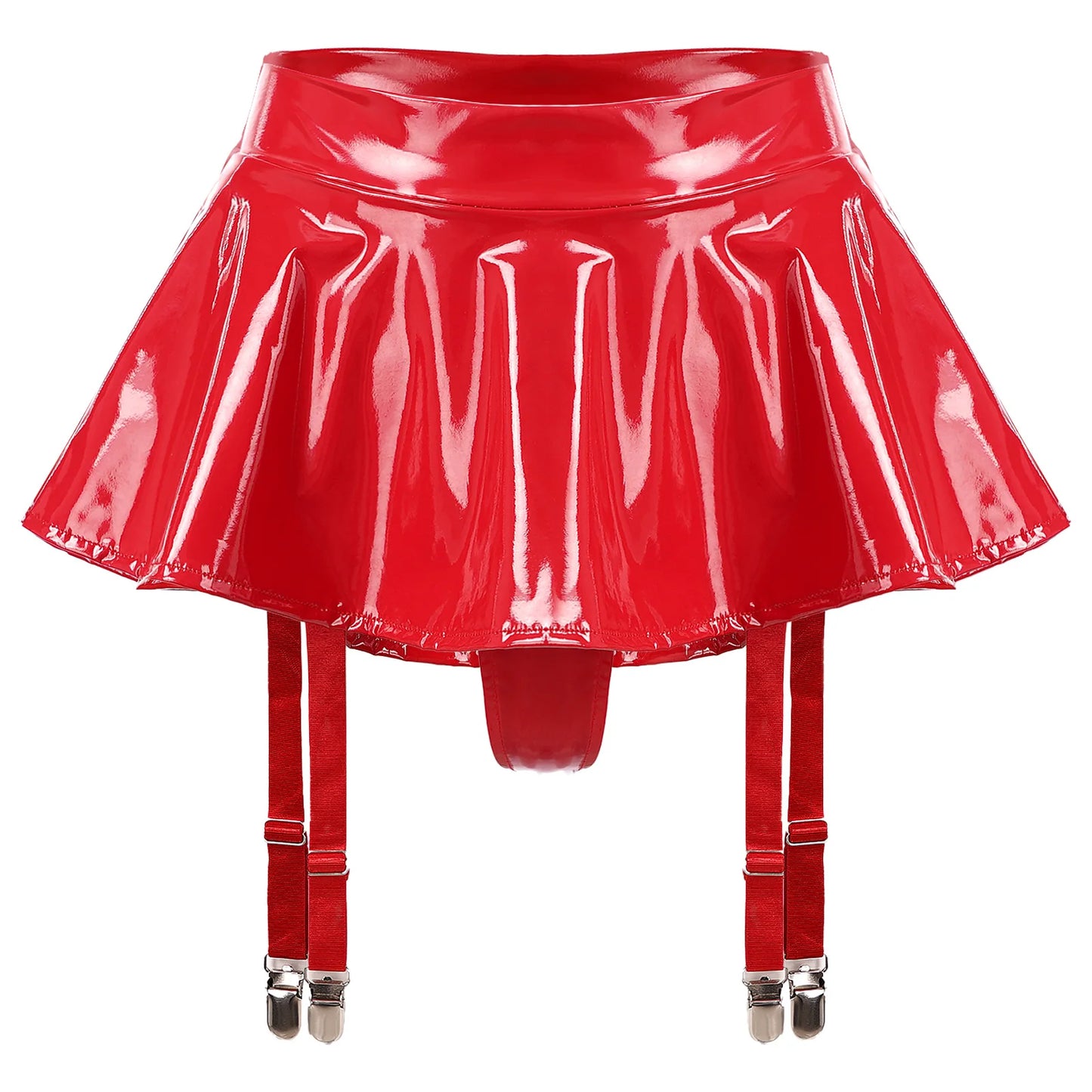 Patent Leather Ruffle Mini Skirt With Built-in Thongs And Garters