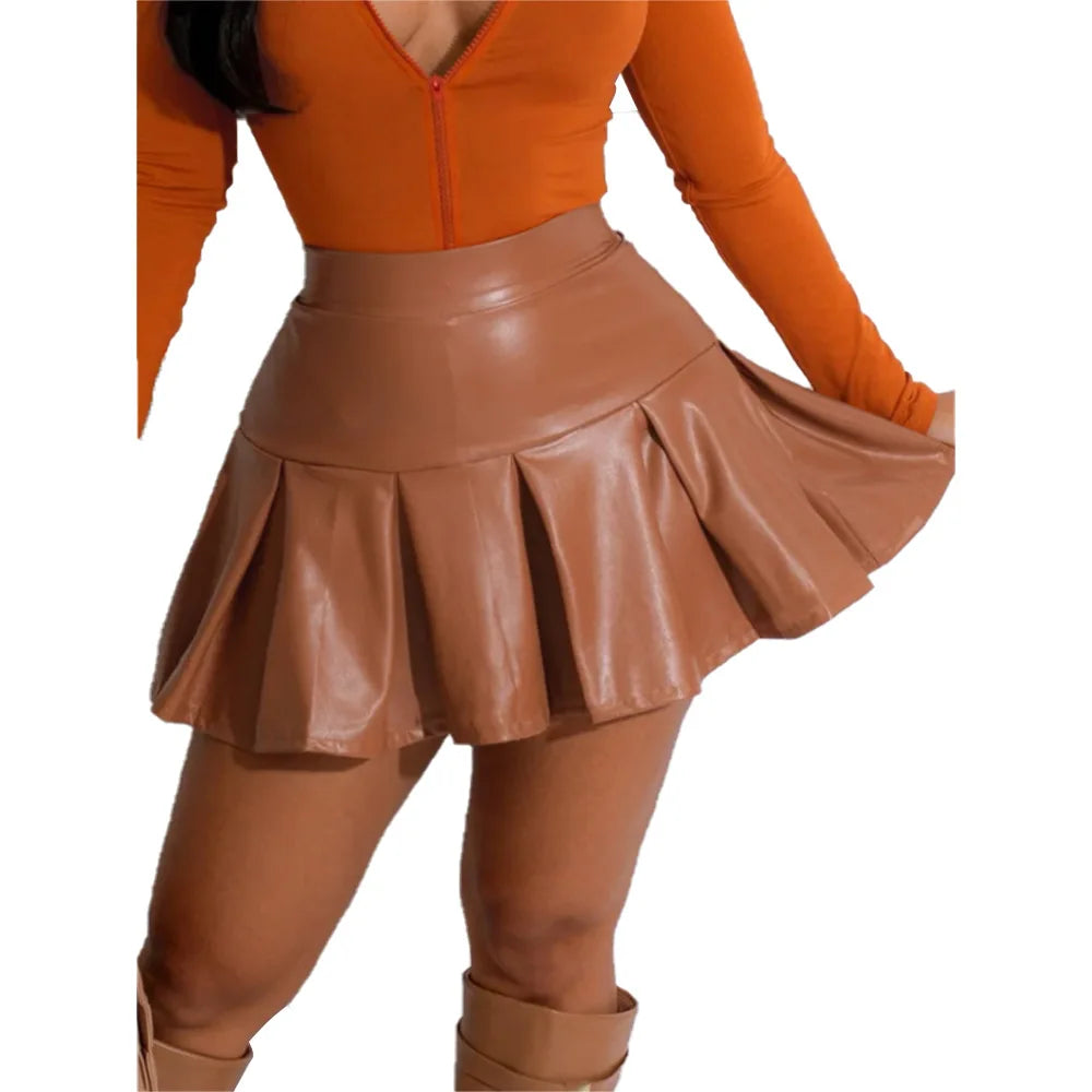 High Elastic Pu Pleated Leather Skirt