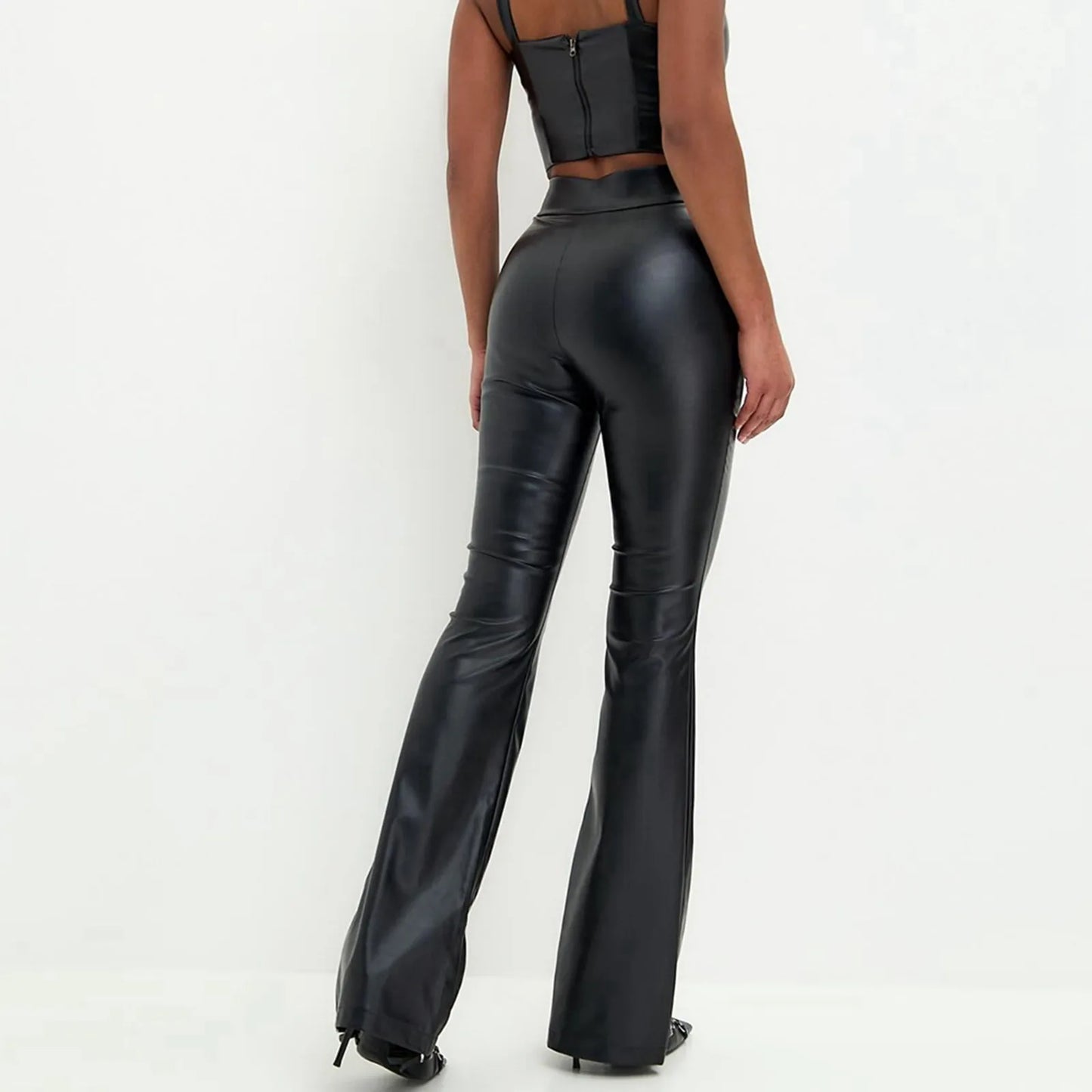 Slim Fit High Waist PU Leather Flared Pants