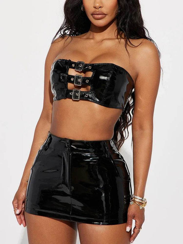 Shiny Patent Leather Strapless Crop Tube Top and Mini Skirt Set - Your Shiny Clothes
