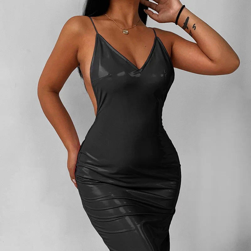 PVC Spaghetti Strap Backless Maxi Dress - Your Shiny Clothes