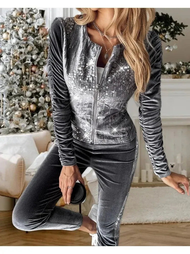 2 Piece Ruched Velvet Sequin Long Sleeve Tracksuit