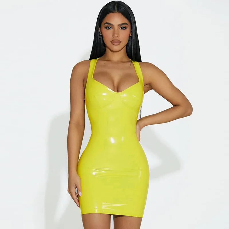 PU Shiny V-Neck Halter Dress