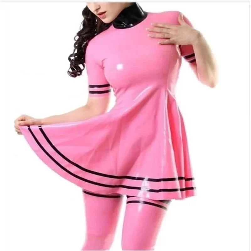 Pink Latex Dress with Back Zip And Black Trim