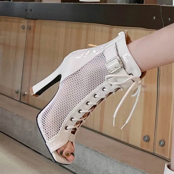 Peep Toe Lace-up High Heel Ankle Boots - Your Shiny Clothes