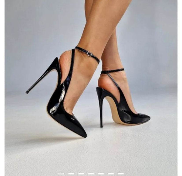 Elegant Black Pointed Toe Sling Back Patent Leather Stiletto Heel Pumps - Your Shiny Clothes