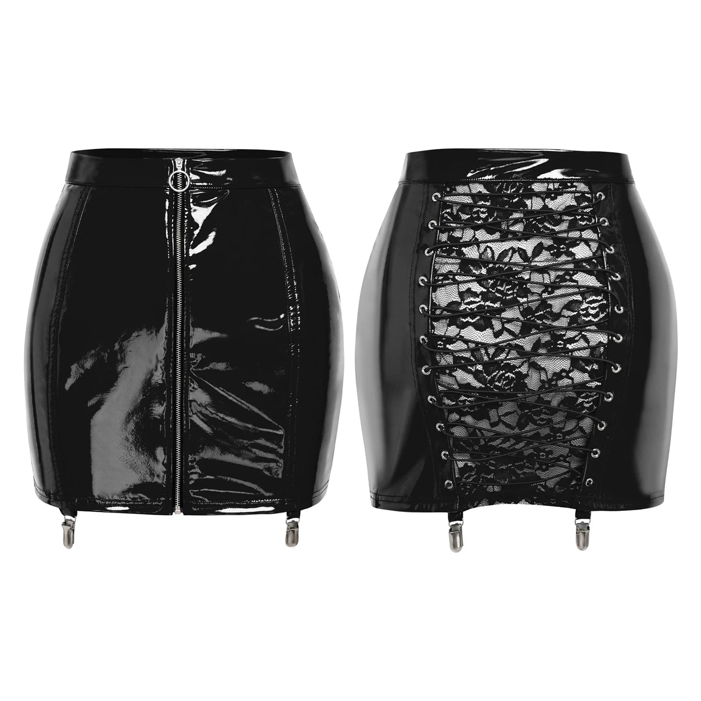 Shiny Patent Bodycon Mini Skirt with Lace-Up Back & Zip Front