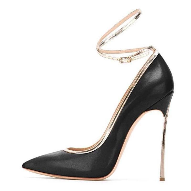 Metal Heeled Black with Gold Ankle Strap Pump - Your Shiny Clothes