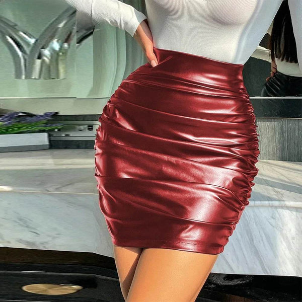 High Waist Pleated Black Faux Leather Skirt - Your Shiny Clothes