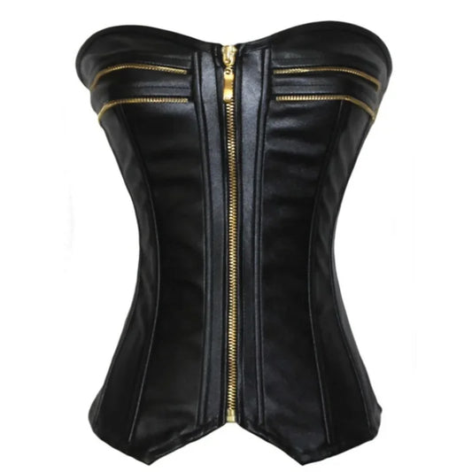 Faux Leather Front Zip Overbust Corset