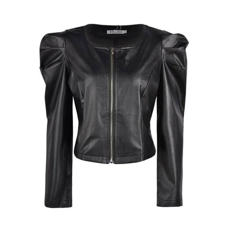 Black PU Leather Jacket with Puff Sleeves
