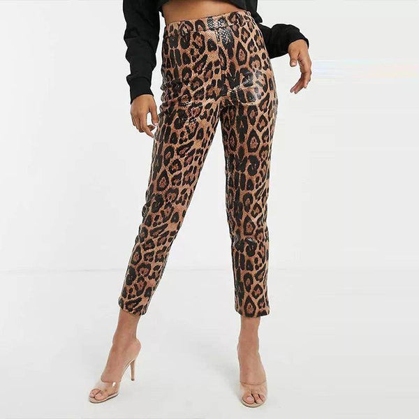 PU Leather Leopard Print Pencil Pants - Your Shiny Clothes