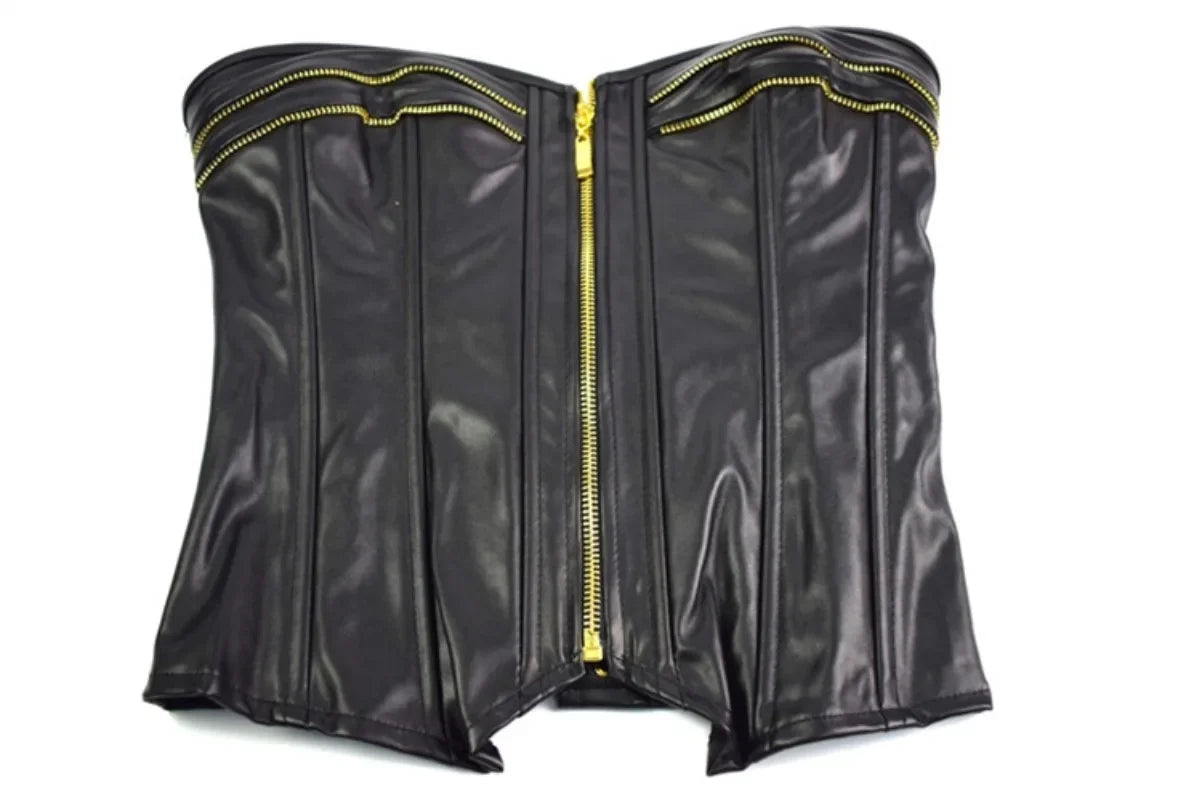 Faux Leather Front Zip Overbust Corset