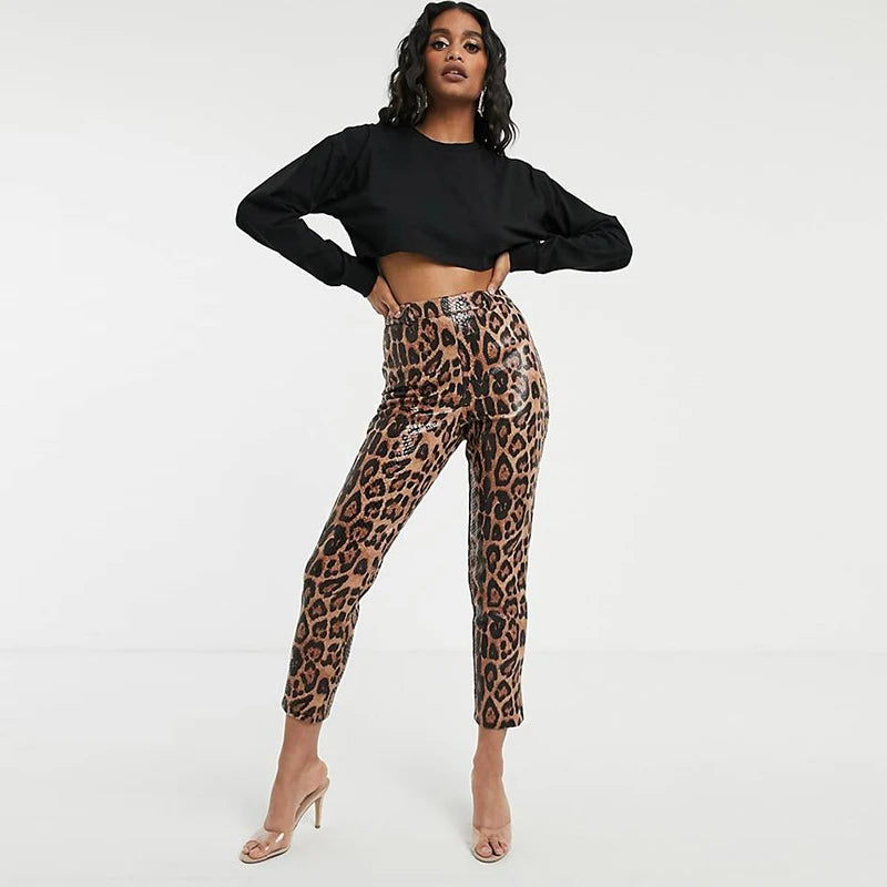 PU Leather Leopard Print Pencil Pants - Your Shiny Clothes