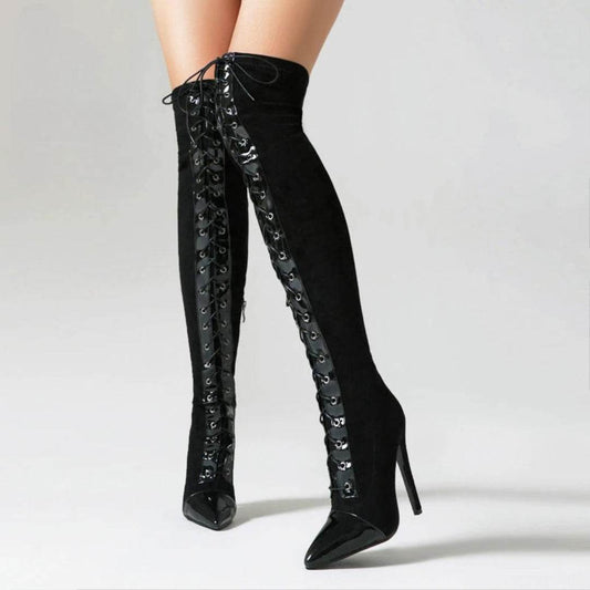 Black Faux Suede 11.5cm Heels Lace Up Over the Knee Boots - Your Shiny Clothes