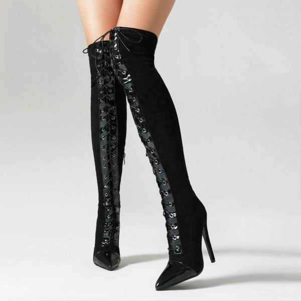 Black Faux Suede 11.5cm Heels Lace Up Over the Knee Boots - Your Shiny Clothes
