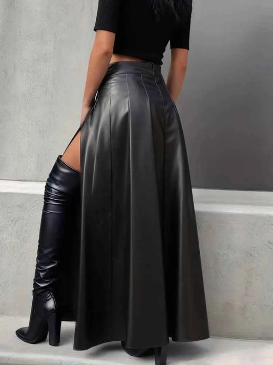PU Leather High-Slit Maxi Skirt