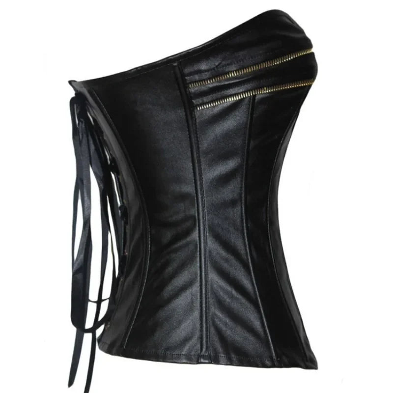 Faux Leather Front Zip Overbust Corset