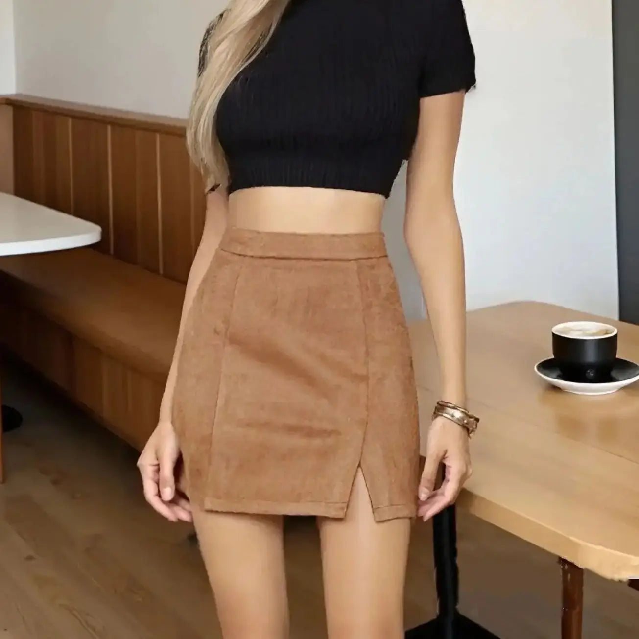 Faux Suede A Line High Waist Skirt