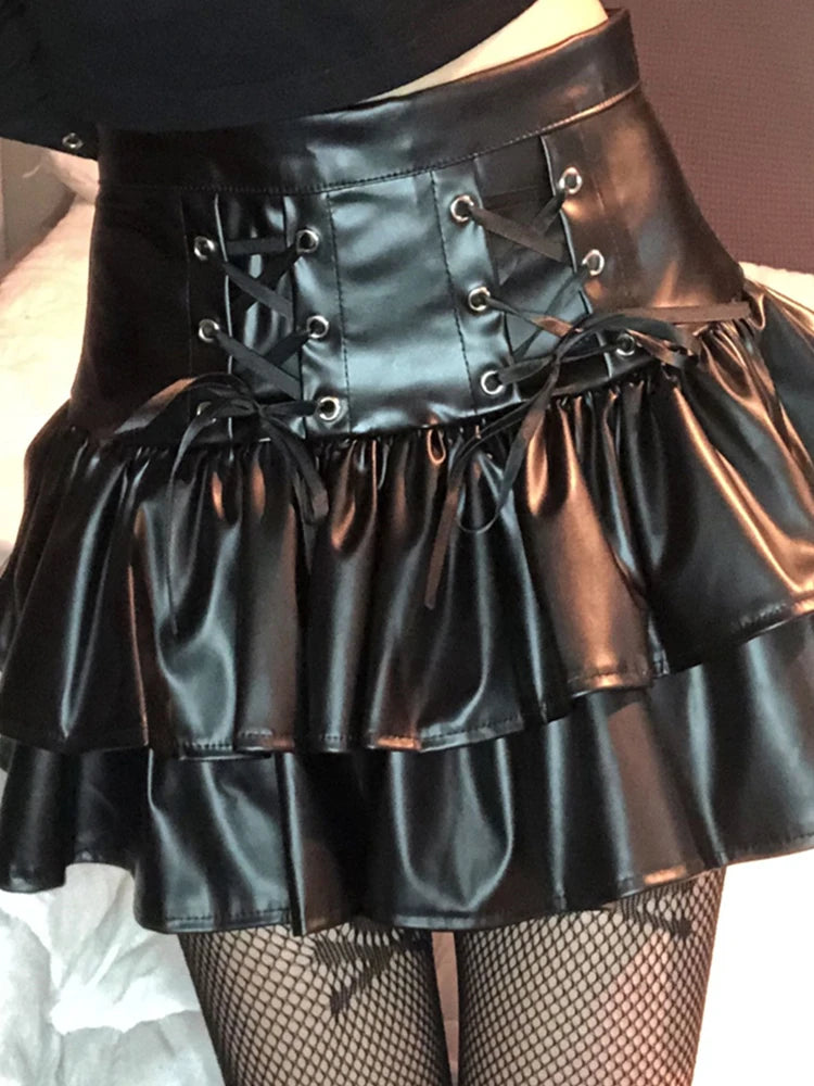 High Waist Black PU Ruffled Skirt - Your Shiny Clothes