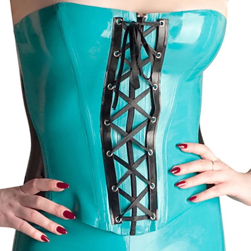 Jade Green Latex Corset With Black Trims With Lacing Front And Back - Your Shiny Clothes