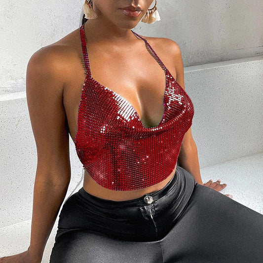 Bling Metal Sequins Halter Crop Top