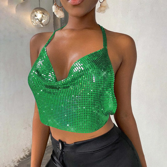 Bling Metal Sequins Halter Crop Top