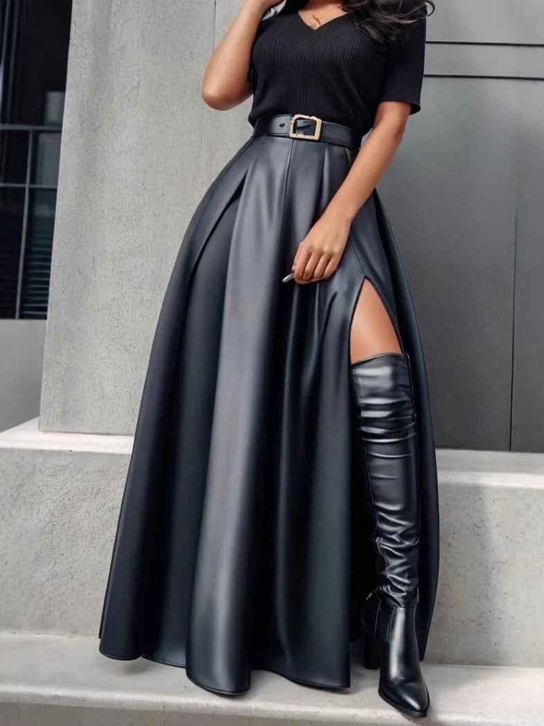 PU Leather High-Slit Maxi Skirt