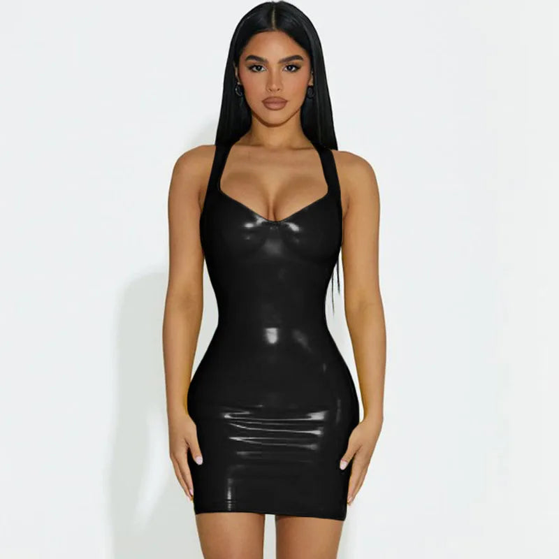 PU Shiny V-Neck Halter Dress