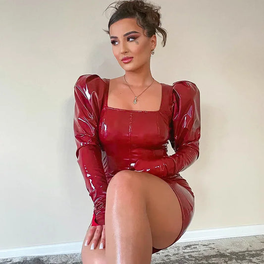 Shiny Patent Leather Puff Sleeve Mini Dress