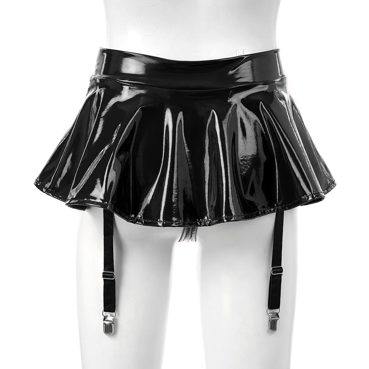 Patent Leather Ruffle Mini Skirt With Built-in Thongs And Garters