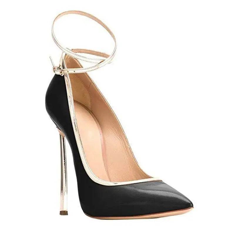 Metal Heeled Black with Gold Ankle Strap Pump - Your Shiny Clothes