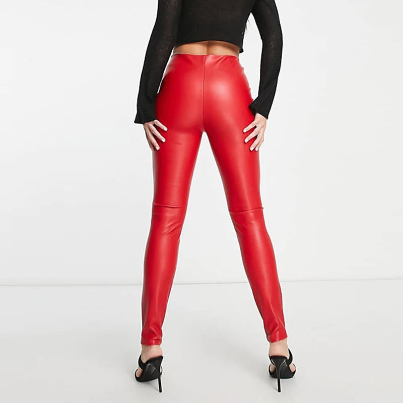 Elastic Mid Waist Faux  Leather Pencil Pants - Your Shiny Clothes