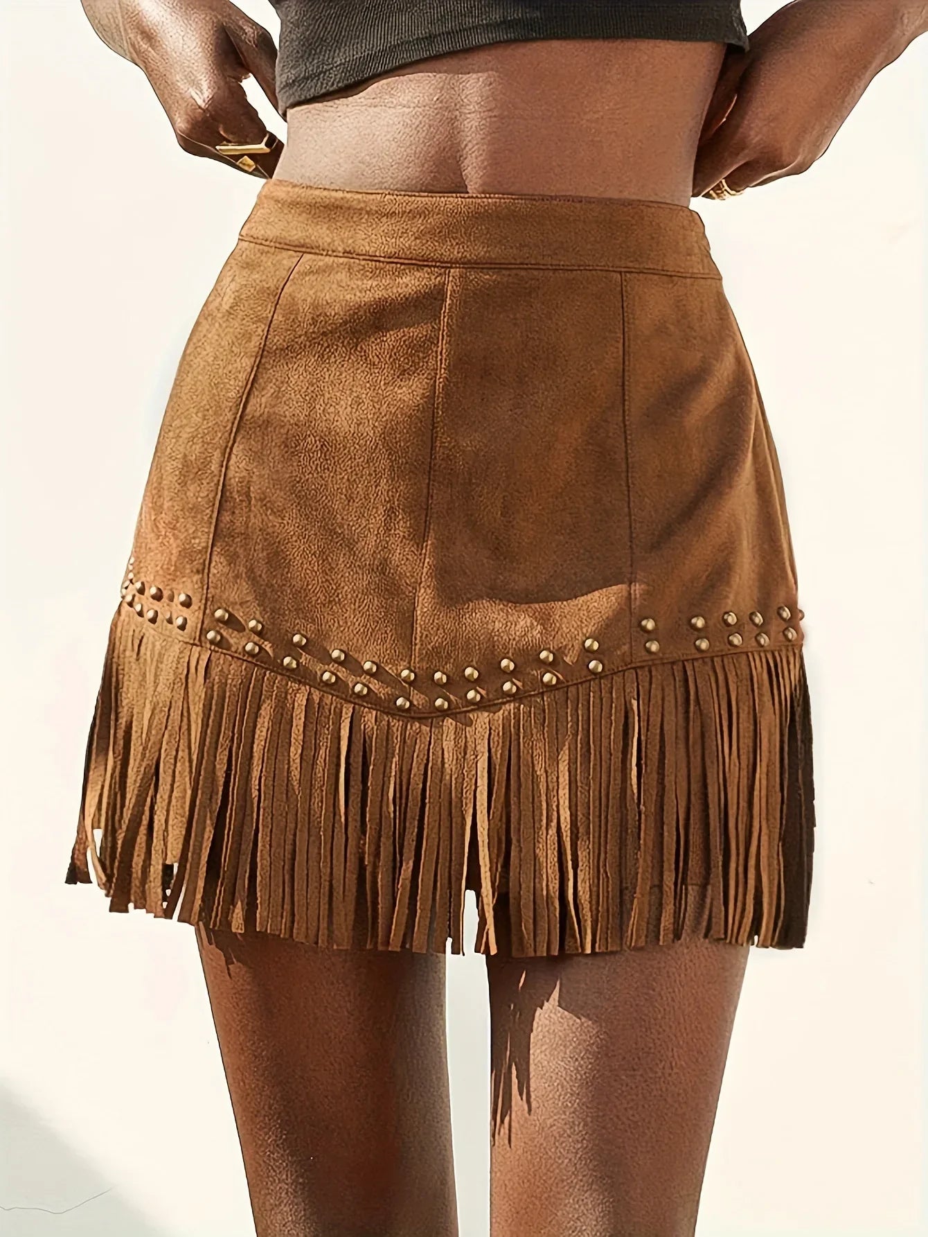 Faux Suede Fringed Rivet Design Short Skirt