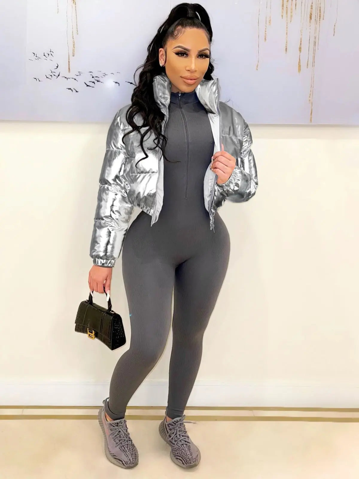 Silver Cropped Bubble Jacket