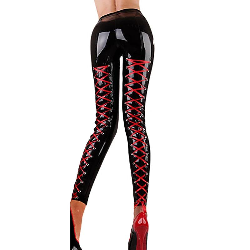 Black Latex Leggings With Red Lacing At Back - Your Shiny Clothes