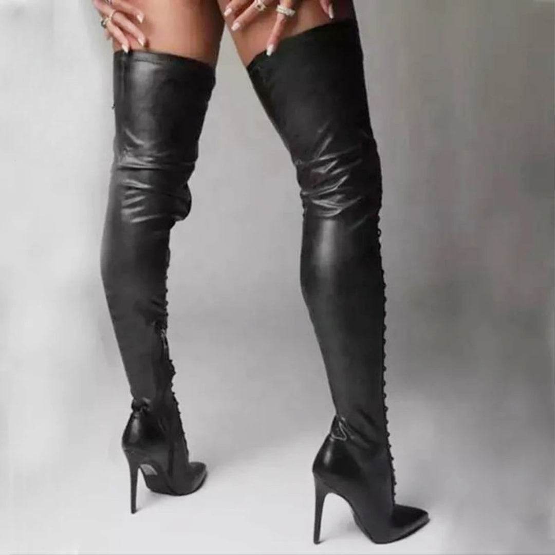 Black Faux Leather 11CM Stiletto Heels Over The Knee Boots - Your Shiny Clothes
