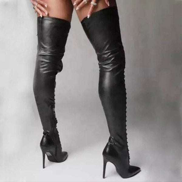 Black Faux Leather 11CM Stiletto Heels Over The Knee Boots - Your Shiny Clothes