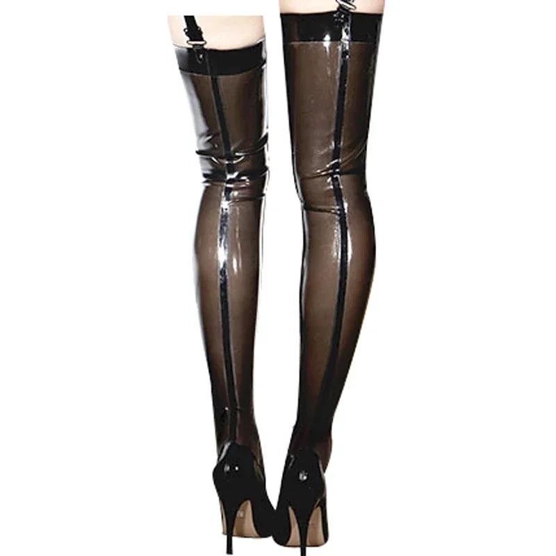 Brown Transparent Thigh High Latex Stockings With Black Trim And Seam - Your Shiny Clothes