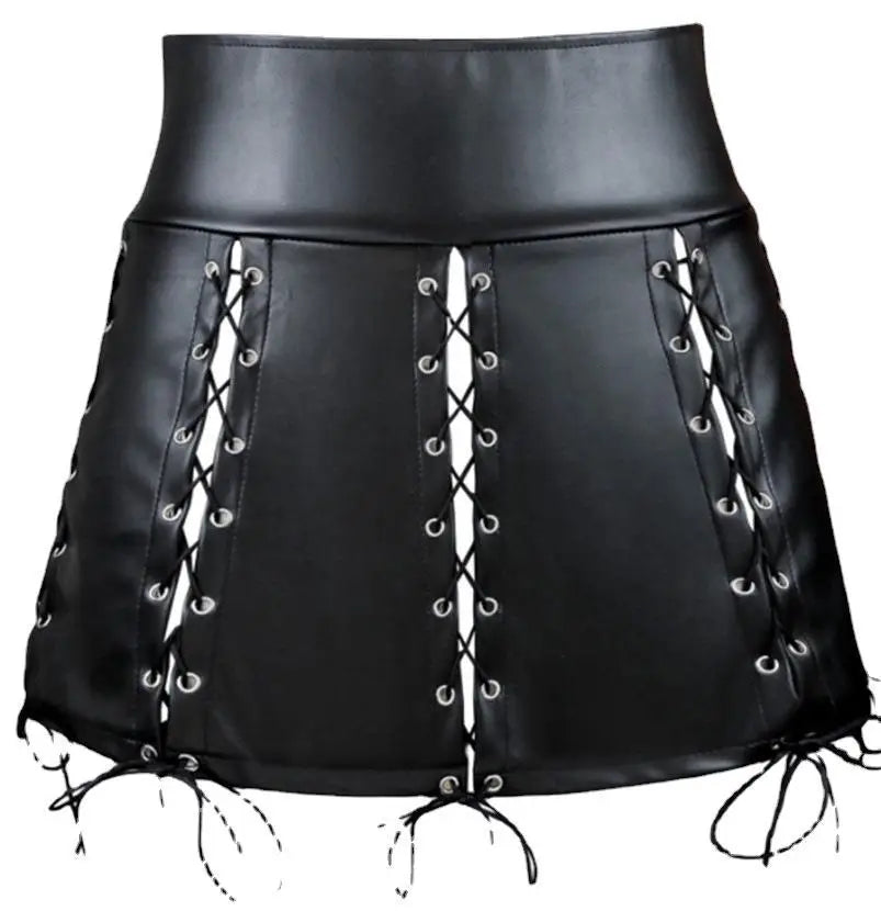 Black Lace Up PU Leather Skirt - Your Shiny Clothes