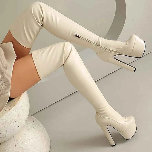 Super High Platform with Thick Heel - Faux Leather Plus Size Over-the-Knee Boots