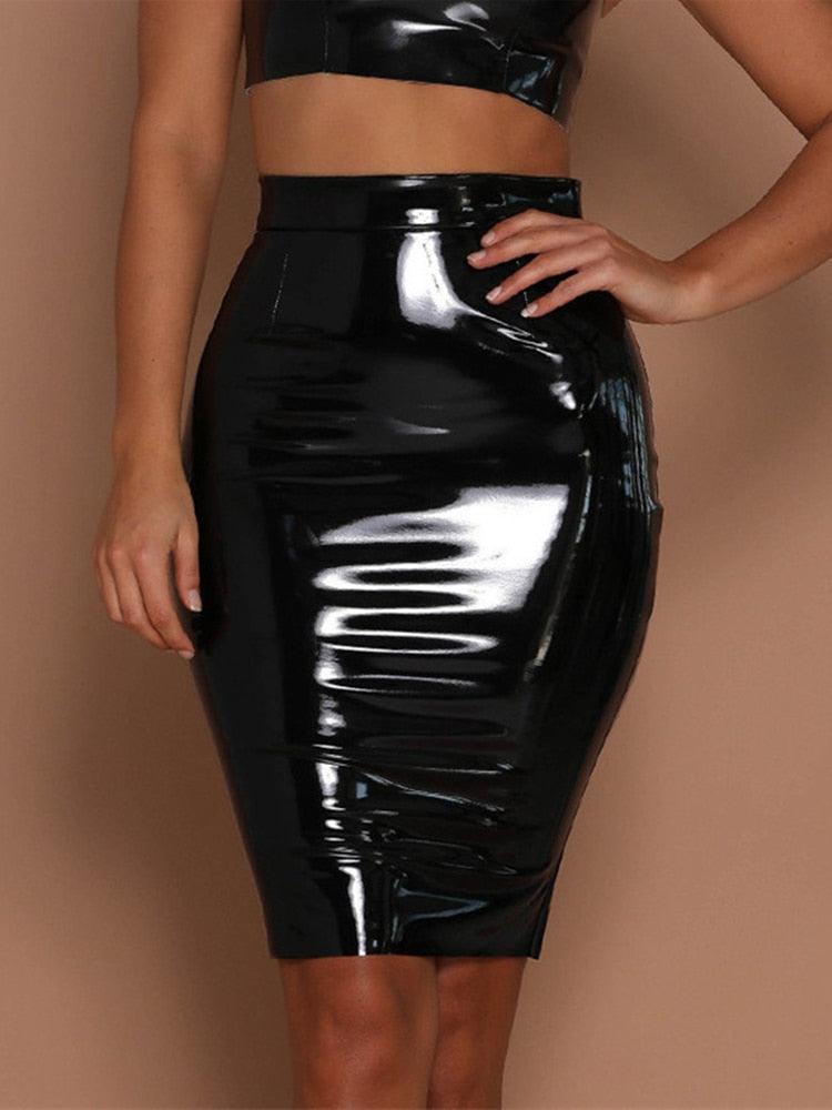 High Waist Shiny Faux Leather Pencil Skirt