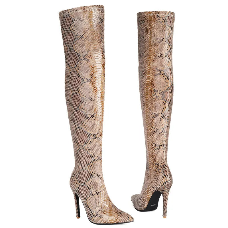 Snakeskin Over the Knee Boots - Your Shiny Clothes