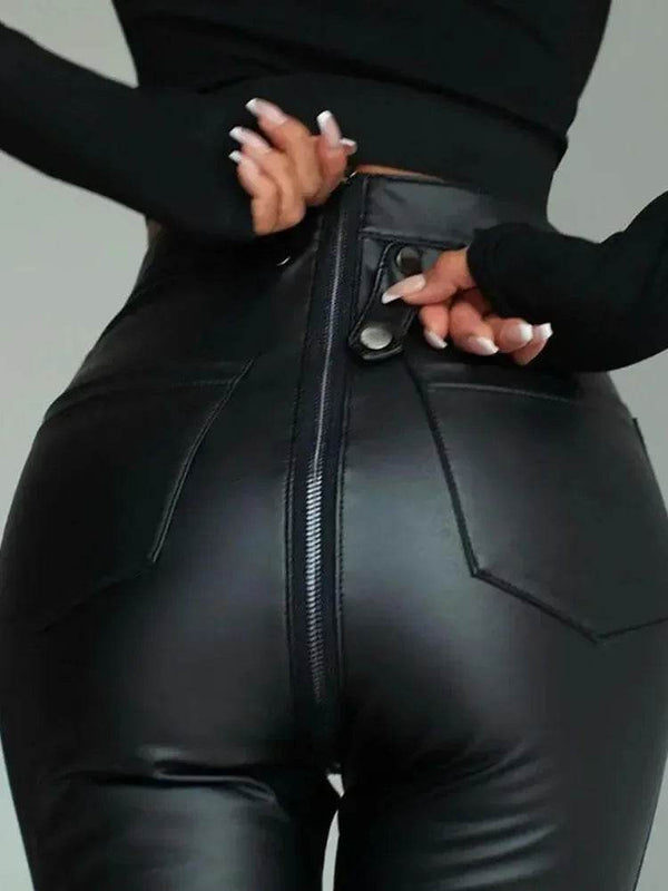 High Waist Back Zip PU Black Leggings - Your Shiny Clothes