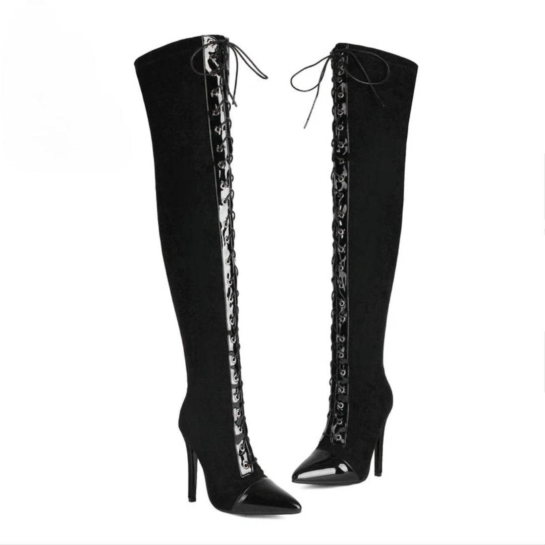 Black Faux Suede 11.5cm Heels Lace Up Over the Knee Boots - Your Shiny Clothes