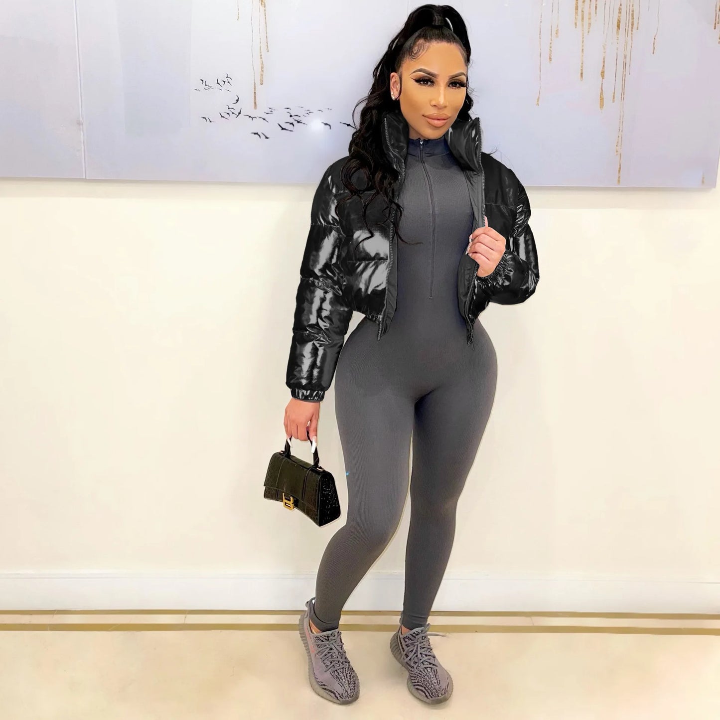 Silver Cropped Bubble Jacket