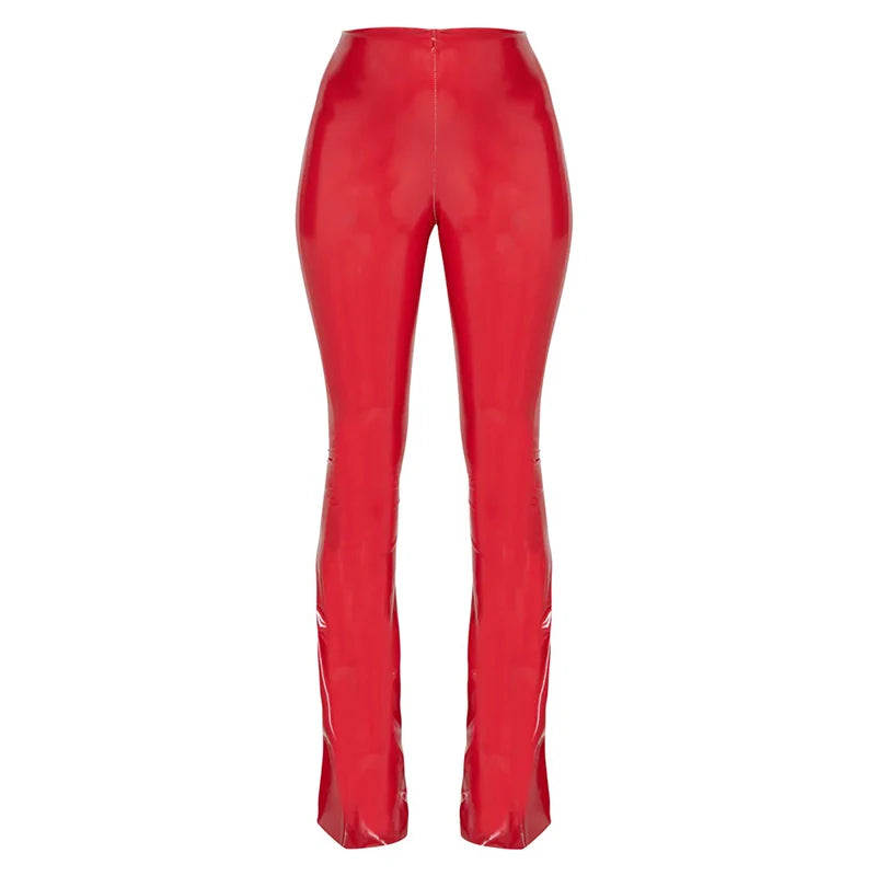 Red Shiny PU Leather High Waist Flared Trousers